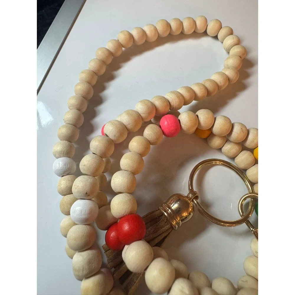 Natural Wood Beaded Lanyard Keychain with Colorful Accents and‎ Tassel Gold Tone